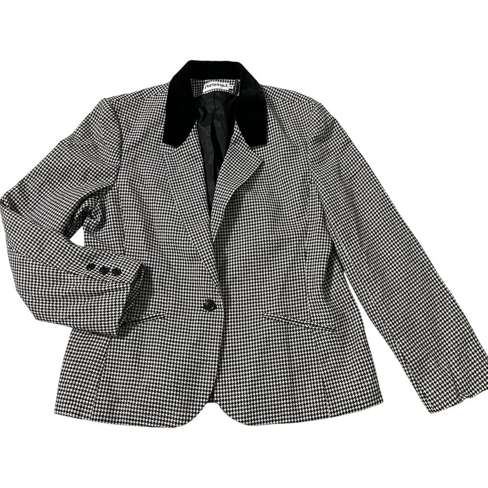Vintage Blazer Womens L Black White Houndstooth‎ Velvet Collar Preppy Jacket USA